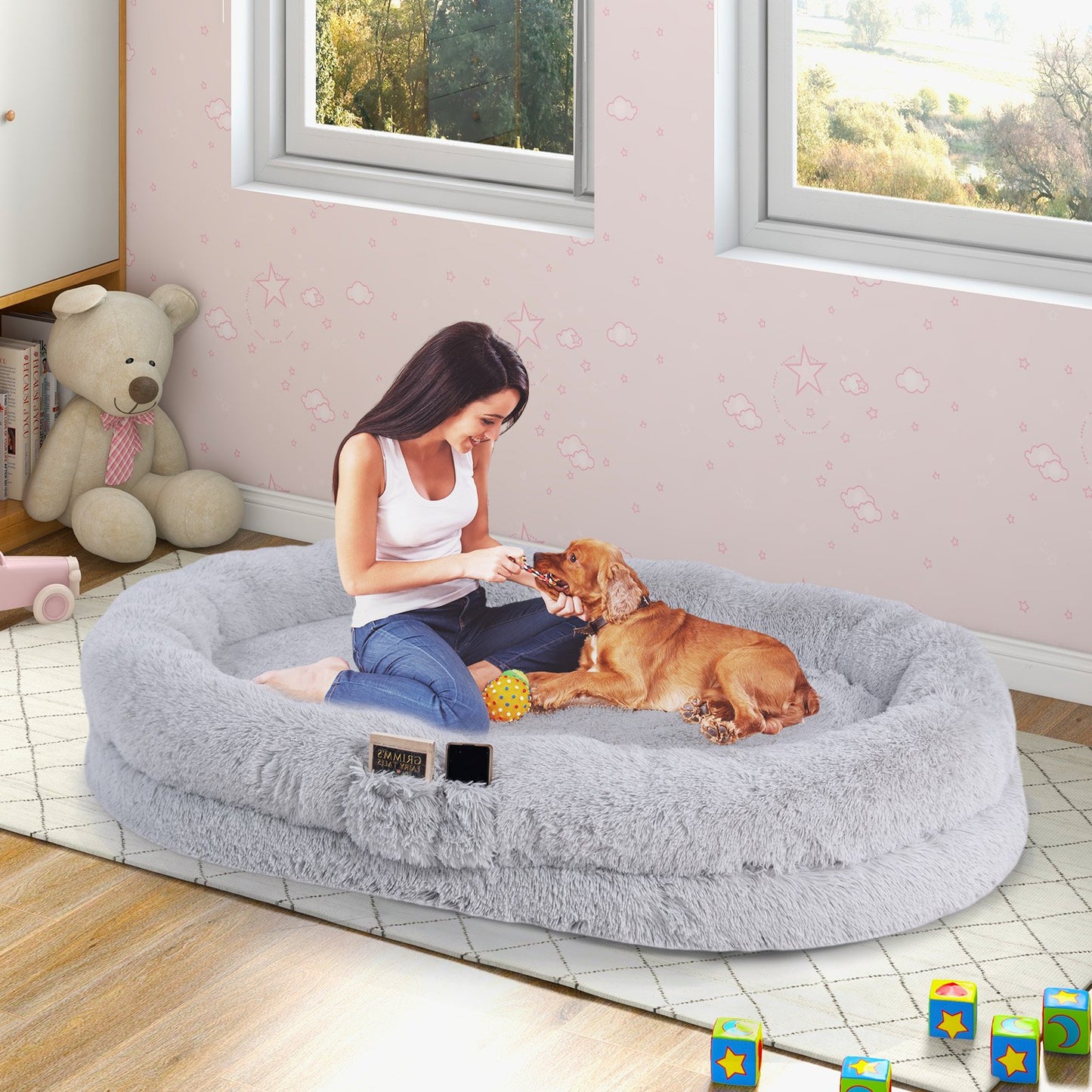 Washable Fluffy Human Dog Bed with Soft Blanket and Plump Pillow-Brown
