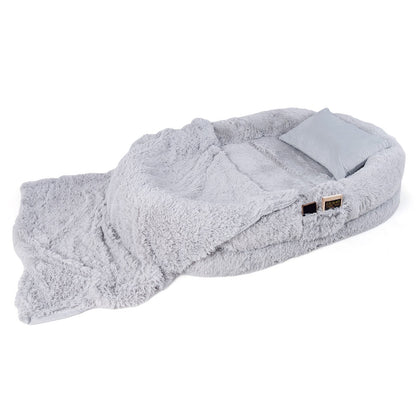 Washable Fluffy Human Dog Bed with Soft Blanket and Plump Pillow-Brown