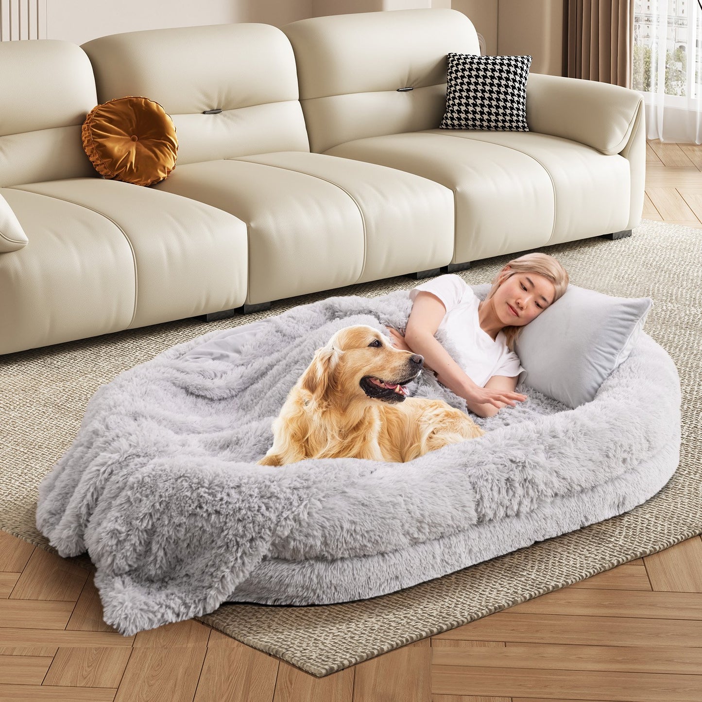 Washable Fluffy Human Dog Bed with Soft Blanket and Plump Pillow-Brown