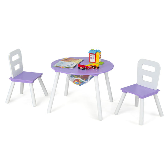 Wood Activity Kids Table and Chair Set with Center Mesh Storage-Purple