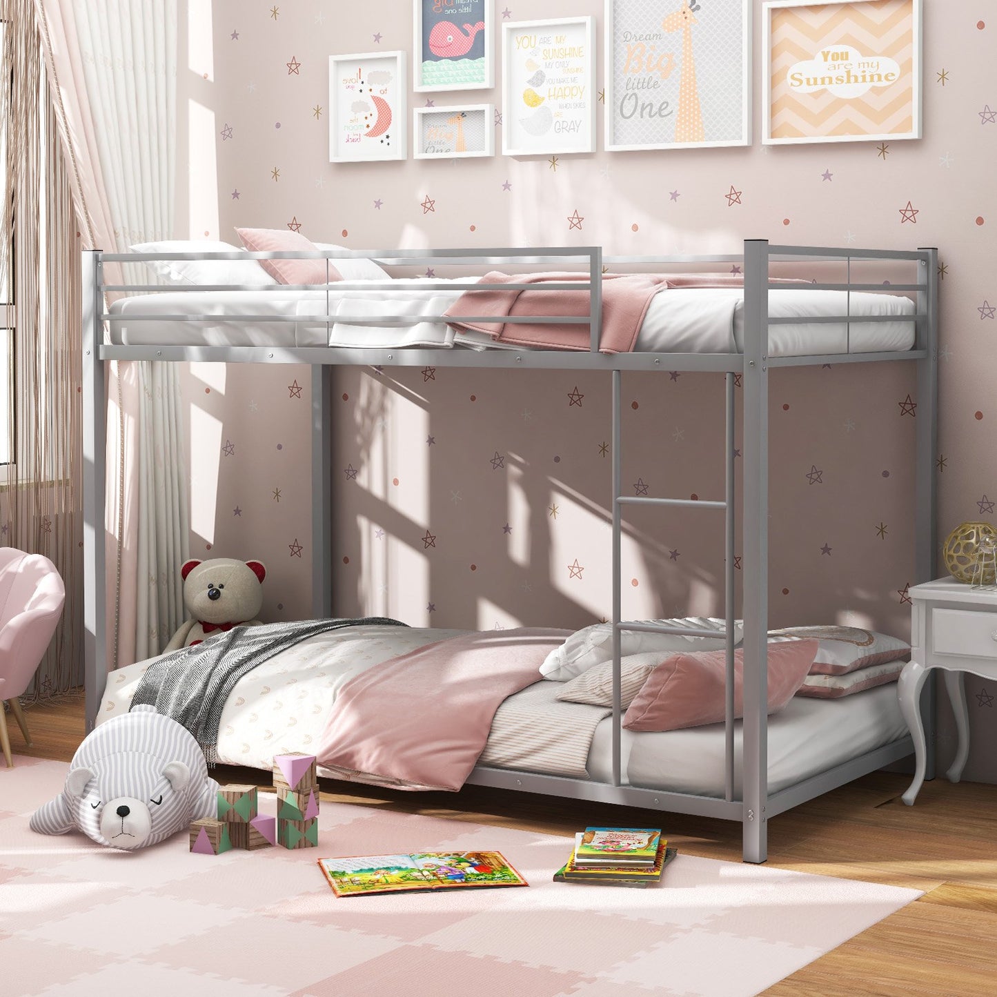 Low Profile Twin Over Twin Metal Bunk Bed with Full-length Guardrails-Black