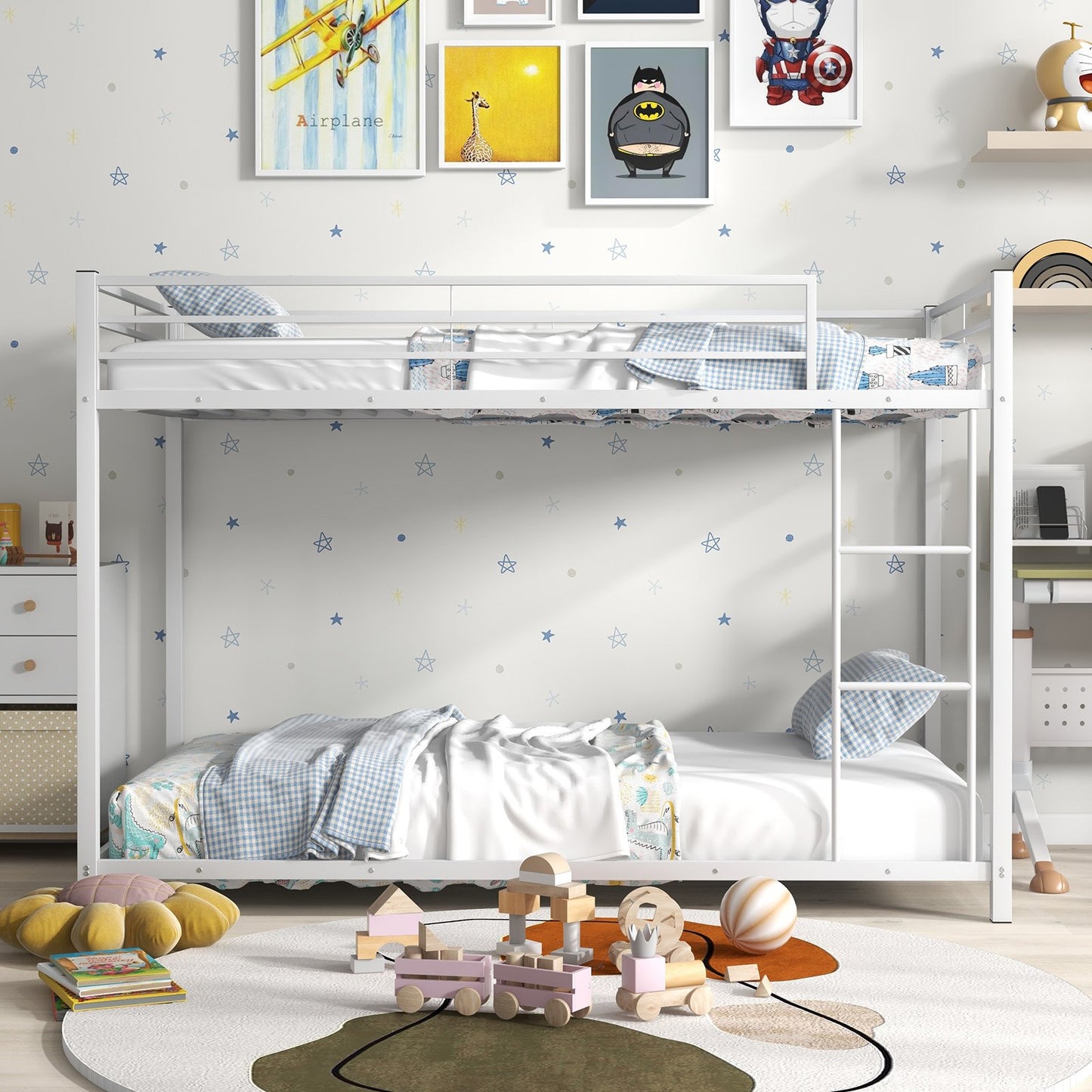 Low Profile Twin Over Twin Metal Bunk Bed with Full-length Guardrails-Black