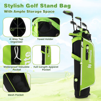 Junior Complete Golf Club Set with Stand Bag Rain Hood-Green