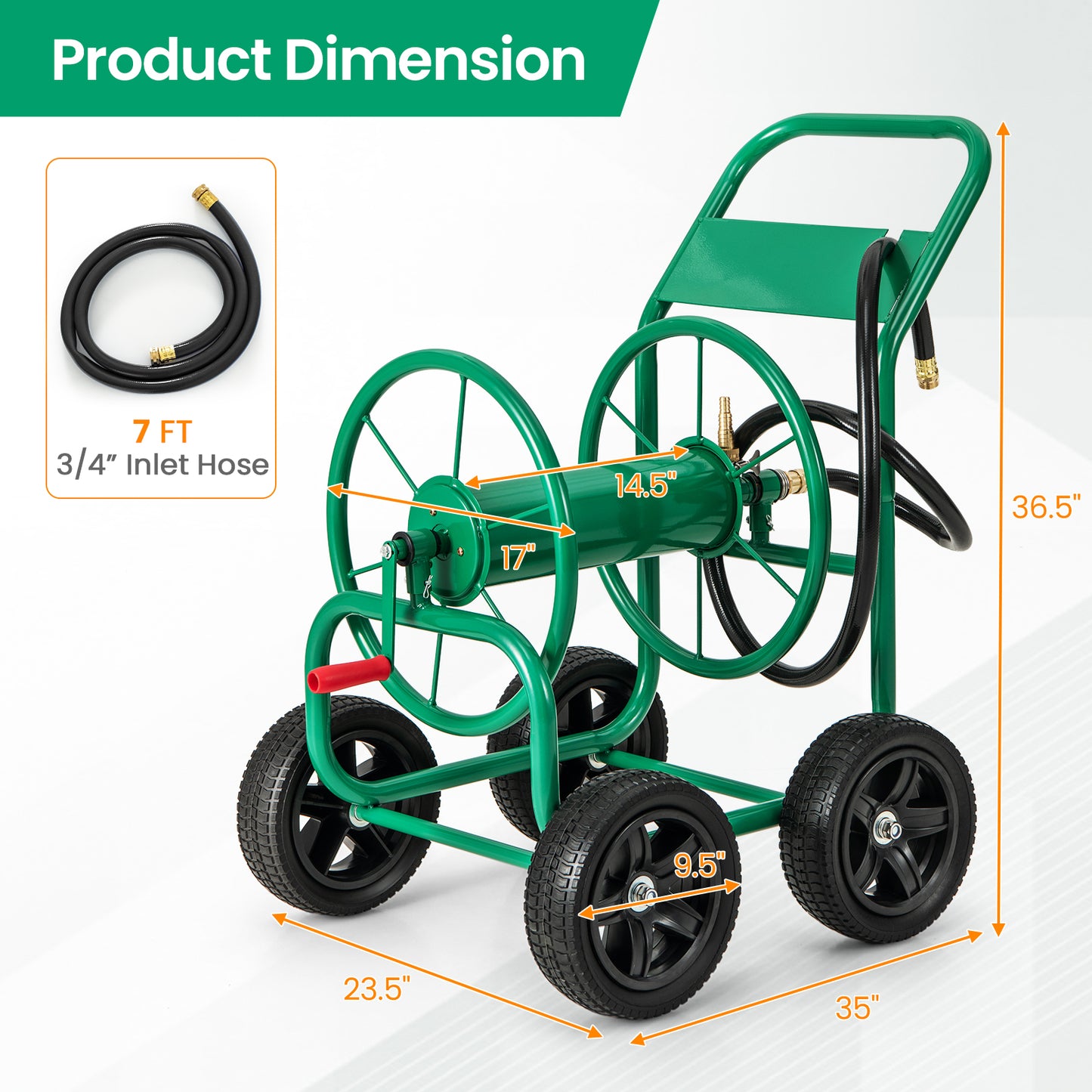 Garden Water Hose Reel Cart with 4 Wheels and Non-slip Grip-Green