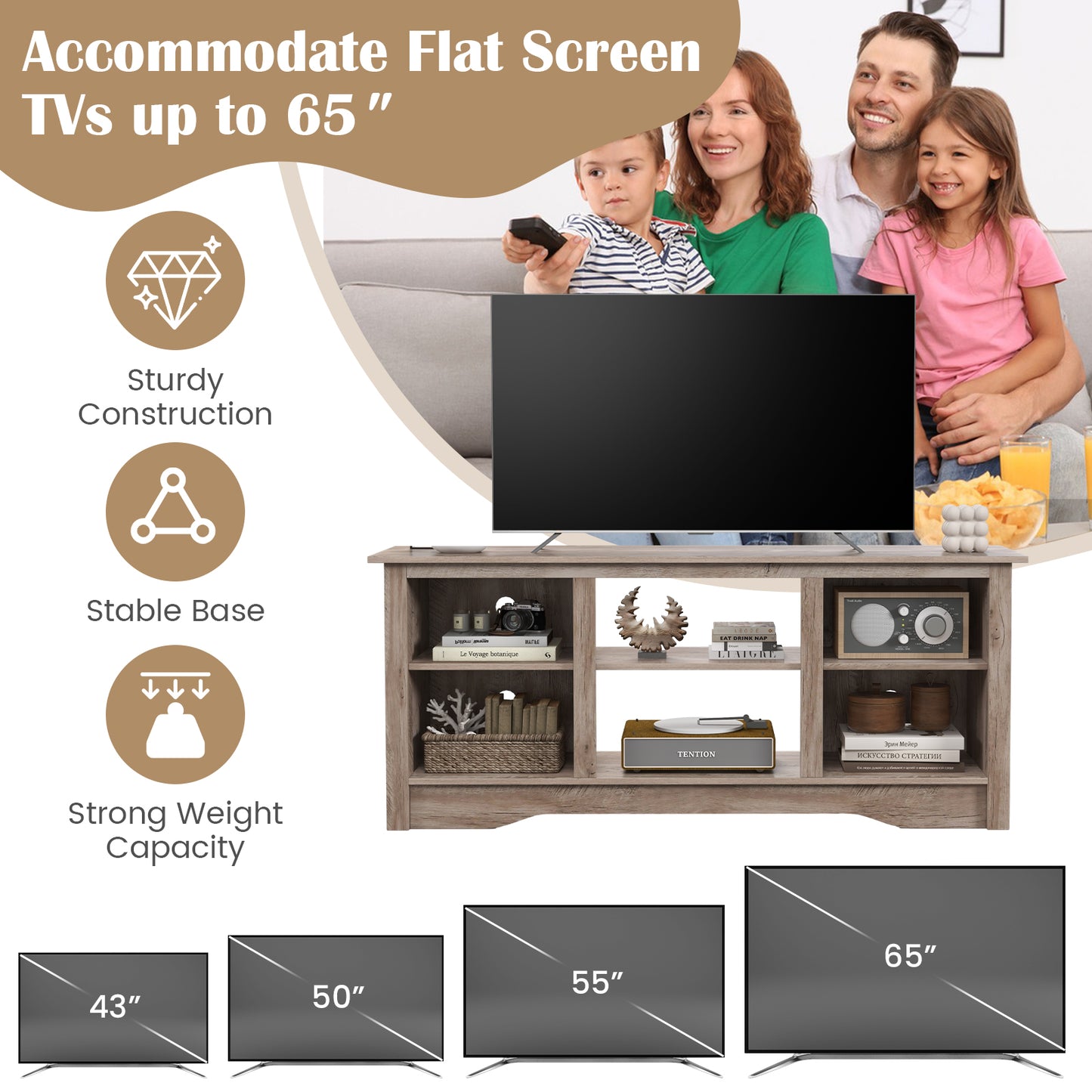 TV Stand for up to 65" Flat Screen TVs with Adjustable Shelves-Gray