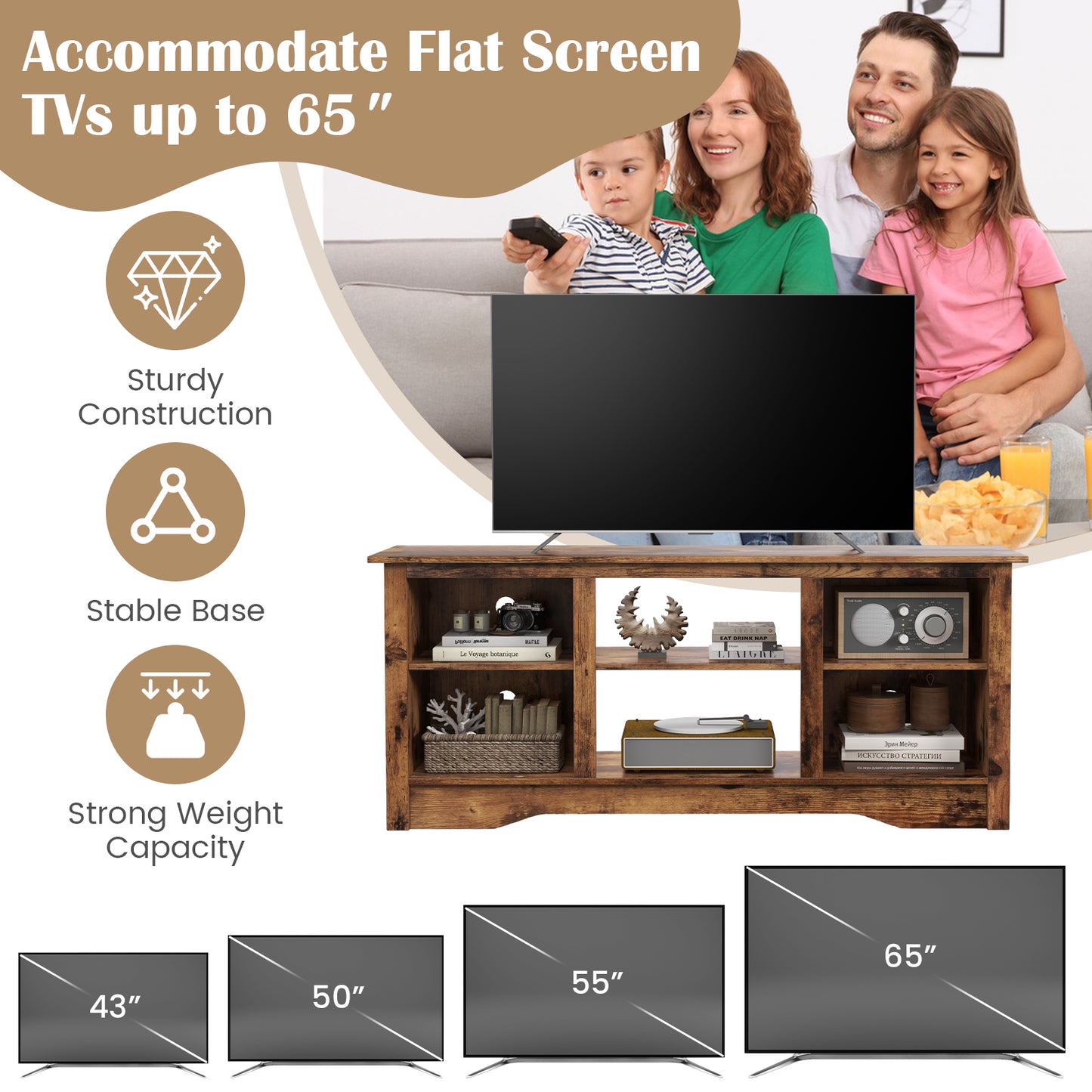 TV Stand for up to 65" Flat Screen TVs with Adjustable Shelves-Rustic Brown