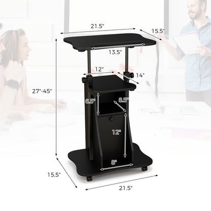 Adjustable Mobile Standing Desk Cart with Tilt Desktop and Cabinet-Black