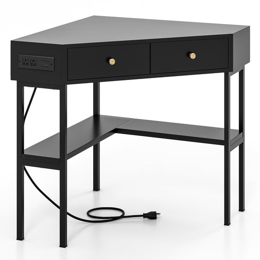 Space Saving Corner Computer Desk with 2 Large Drawers and Storage Shelf-Black