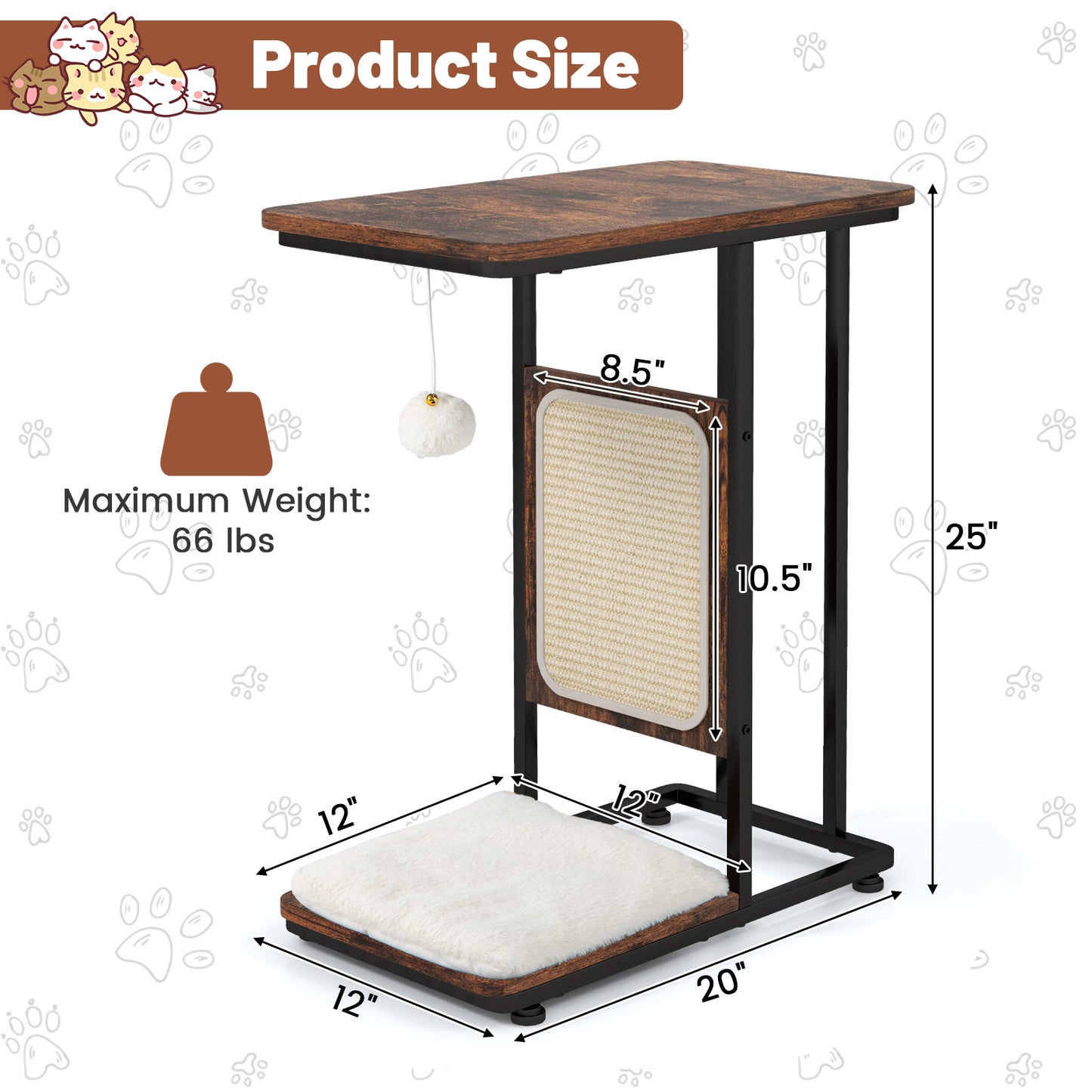 C- Shaped Cat Side Table Cat Tree with Scratching Board-Rustic Brown