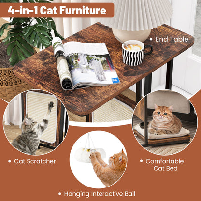 C- Shaped Cat Side Table Cat Tree with Scratching Board-Rustic Brown