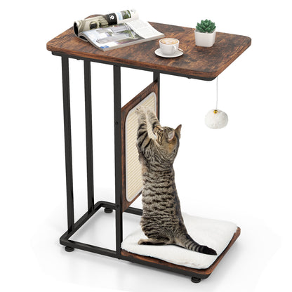 C- Shaped Cat Side Table Cat Tree with Scratching Board-Rustic Brown