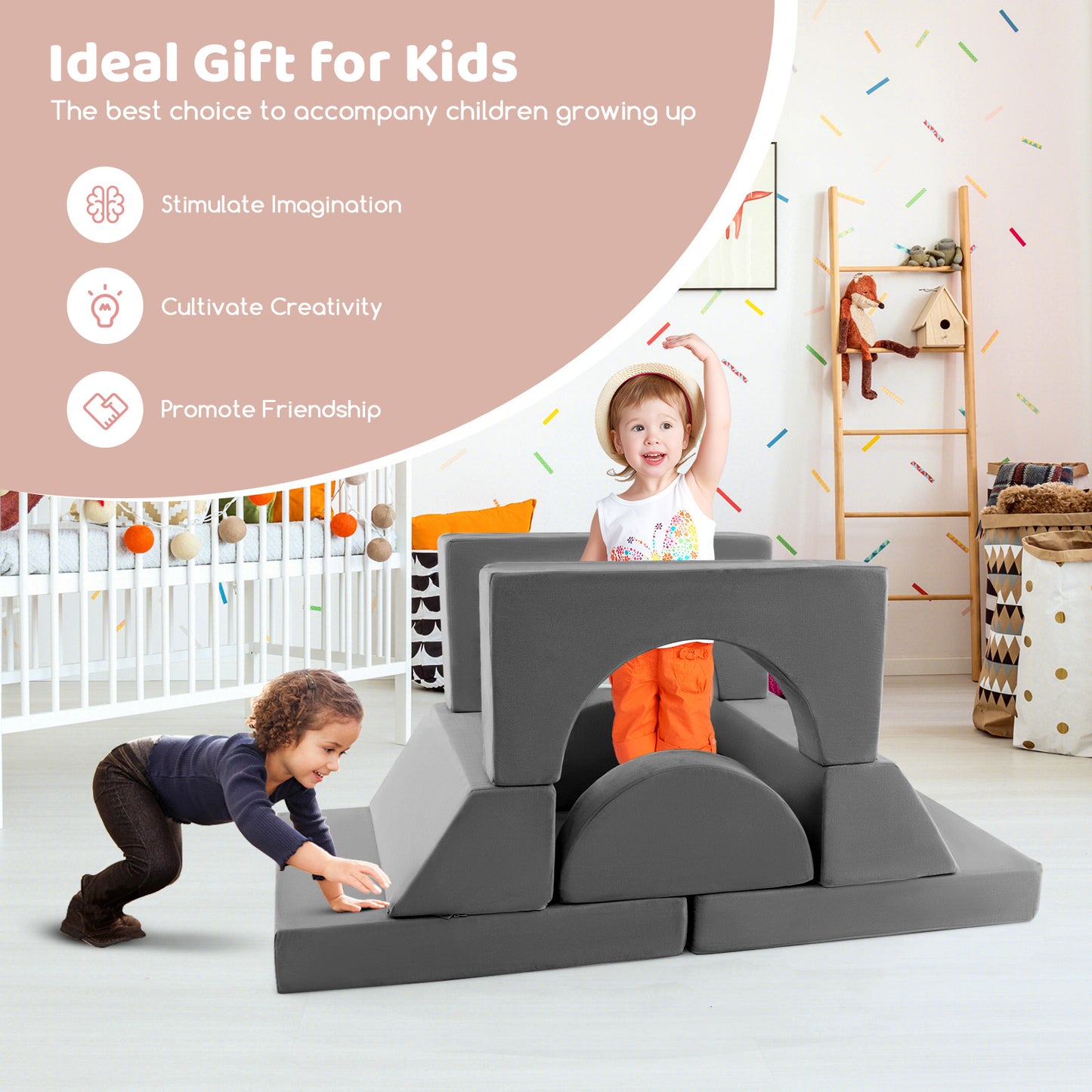 8 Pieces Kids Modular Play Sofa with Detachable Cover for Playroom and Bedroom-Gray