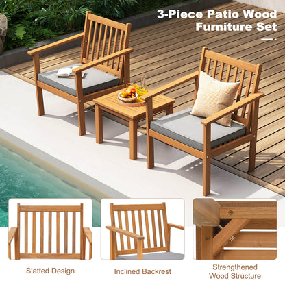 3 Pieces Patio Wood Furniture Set with soft Cushions for Porch-Gray