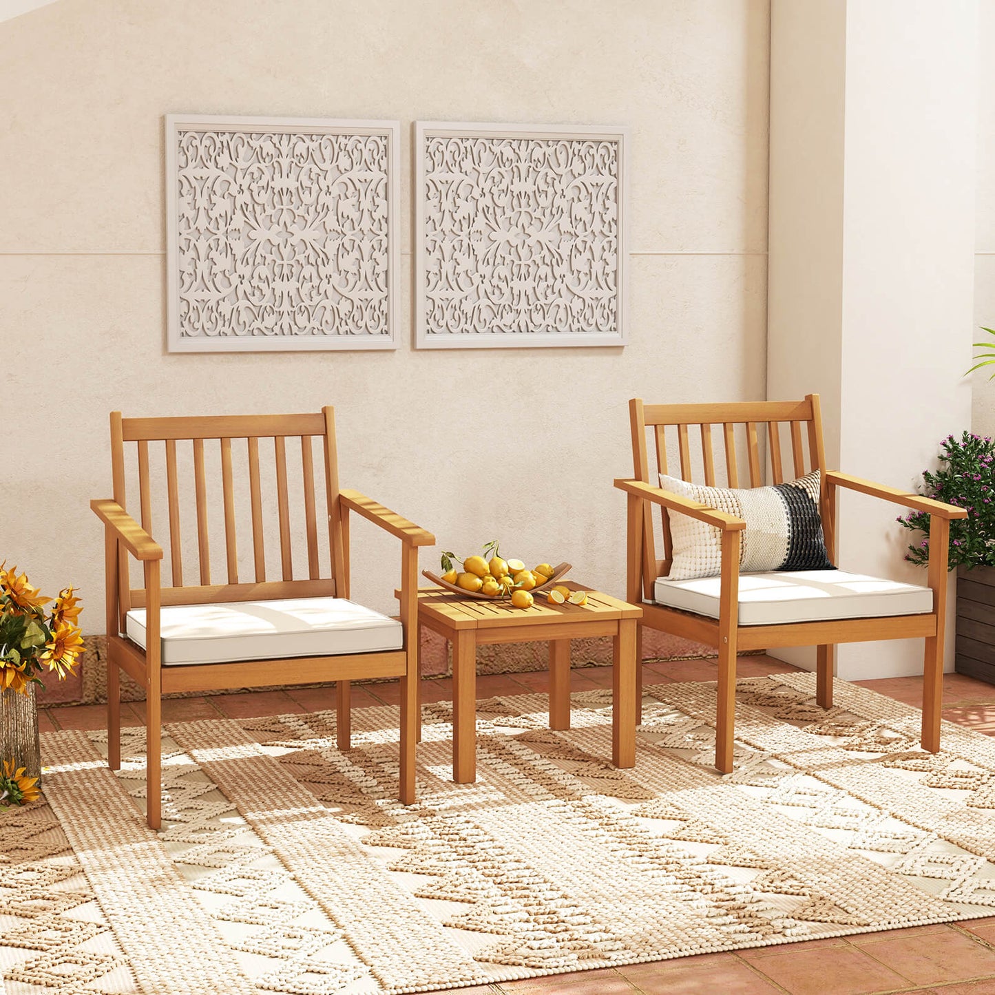 3 Pieces Patio Wood Furniture Set with soft Cushions for Porch-White