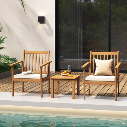 3 Pieces Patio Wood Furniture Set with soft Cushions for Porch-White