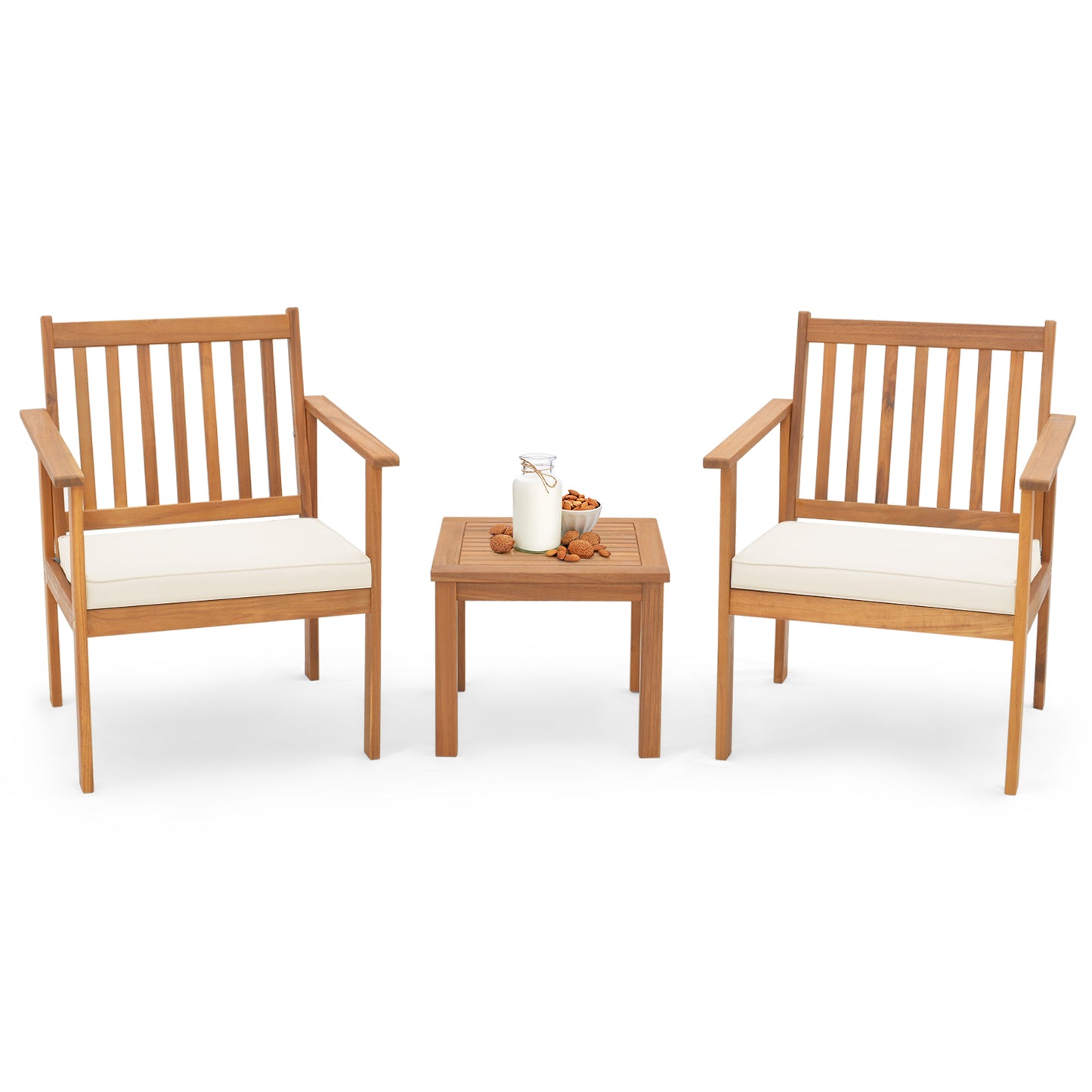 3 Pieces Patio Wood Furniture Set with soft Cushions for Porch-White