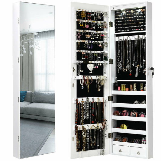 Wall and Door Mounted Mirrored Jewelry Cabinet With Lights-White