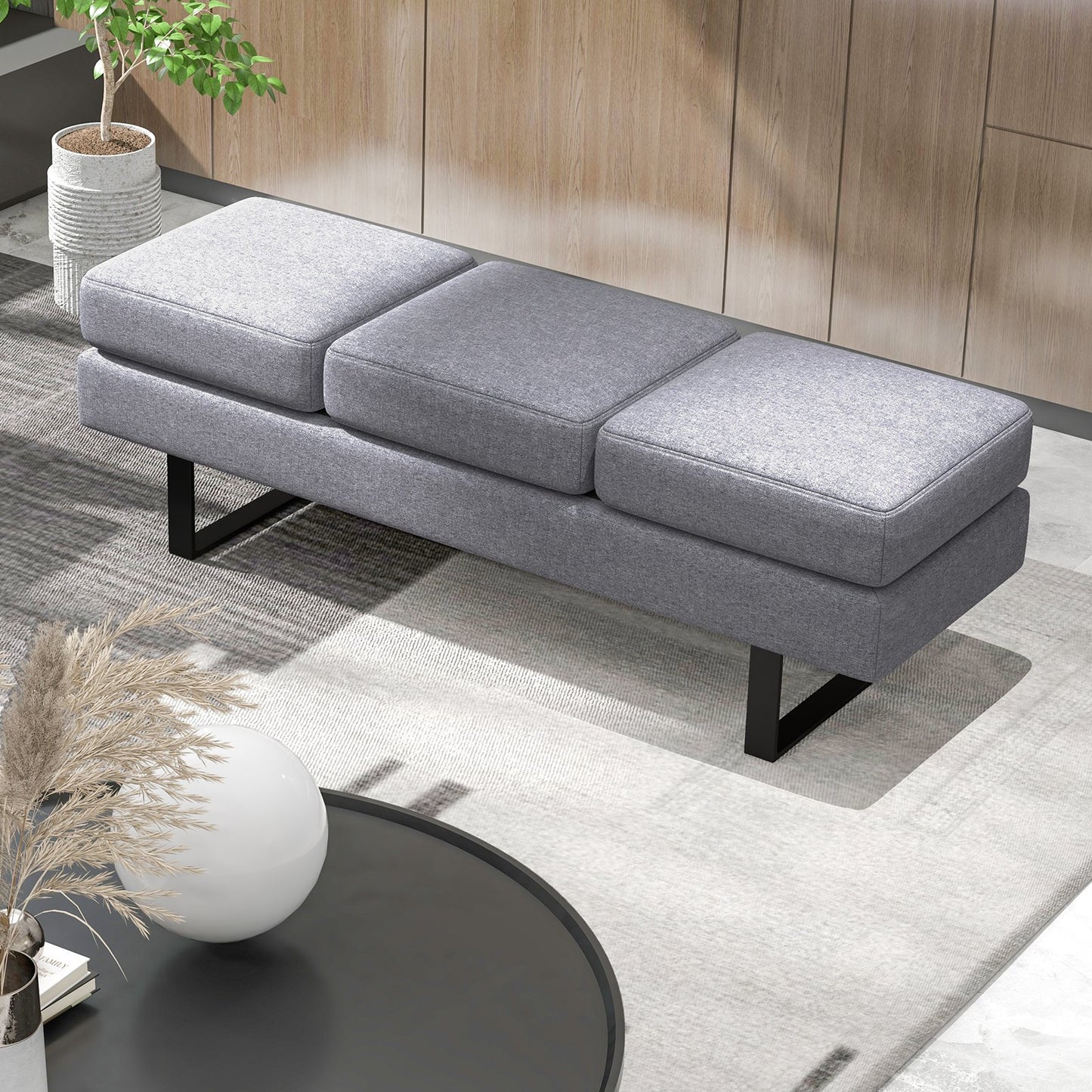 Waiting Room Bench Seating Long Bench with Metal Frame Leg-Black