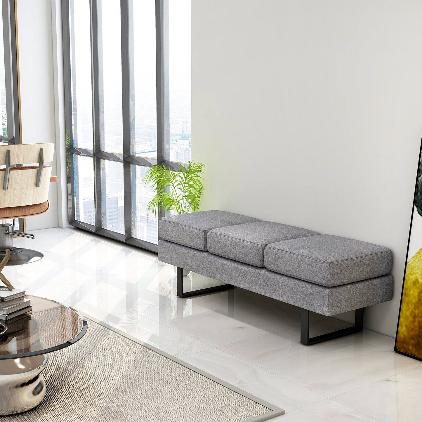 Waiting Room Bench Seating Long Bench with Metal Frame Leg-Black