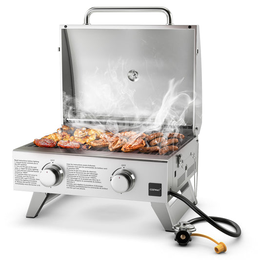 Stainless Steel Propane Grill with Lid for Outdoor Camping Tailgating Picnic Party-Silver