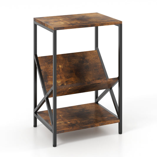 3-Tier Industrial Side Table with V-shaped Bookshelf for Living Room-Rustic Brown