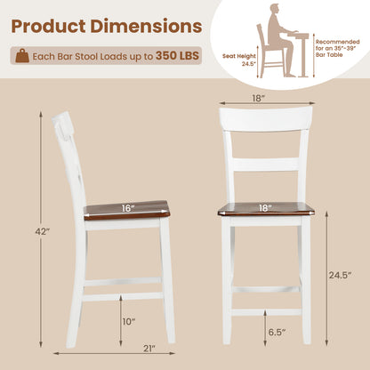 Farmhouse Dining Bar Stool Set of 2 with Solid Rubber Wood Frame-White