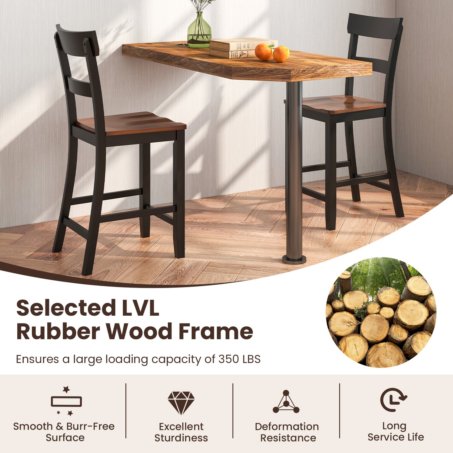 Farmhouse Dining Bar Stool Set of 2 with Solid Rubber Wood Frame-Black