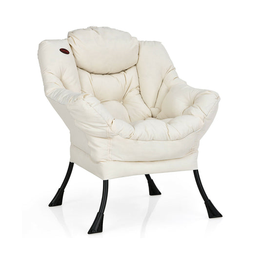 Modern Polyester Fabric Lazy Chair with Steel Frame and Side Pocket-Beige