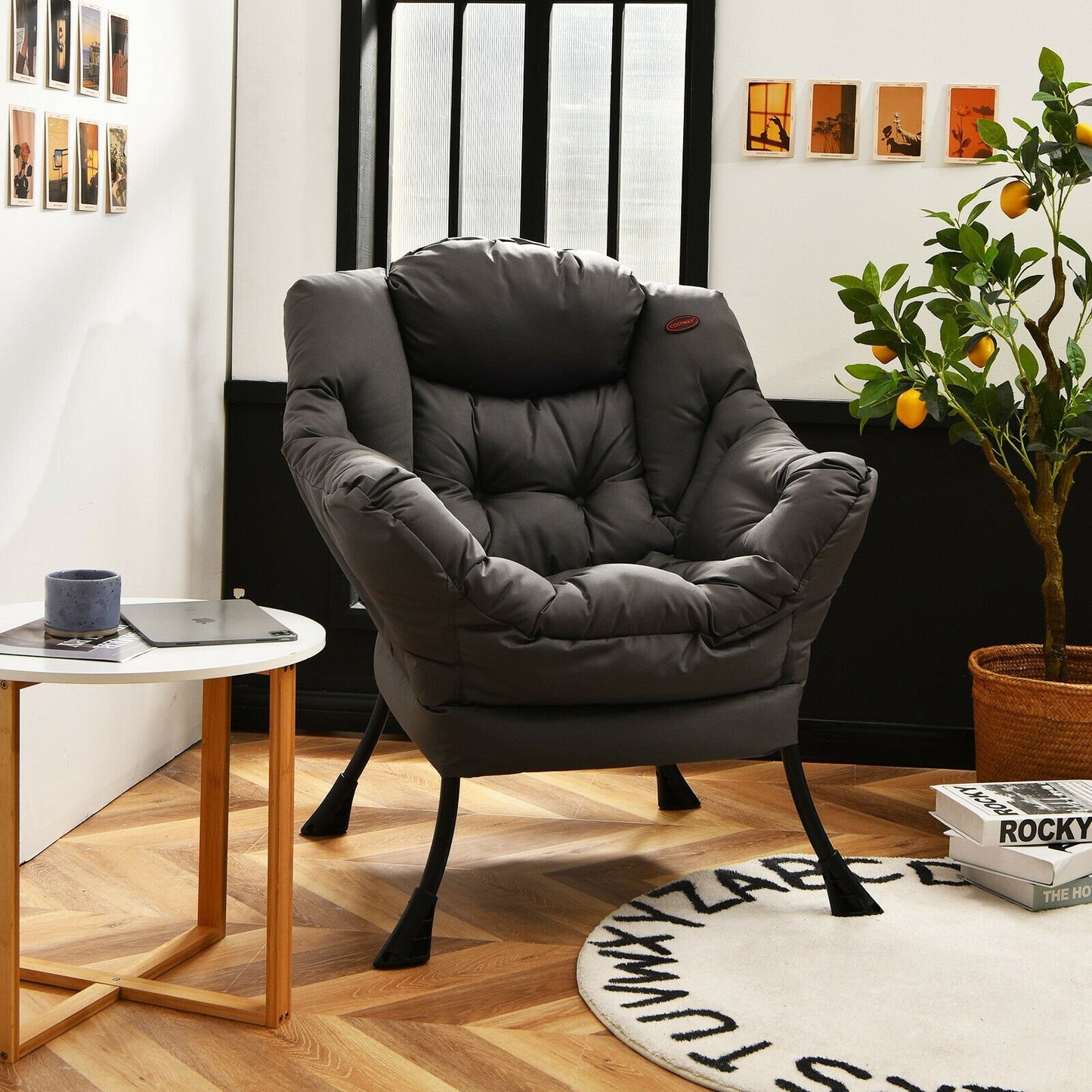 Modern Polyester Fabric Lazy Chair with Steel Frame and Side Pocket-Beige