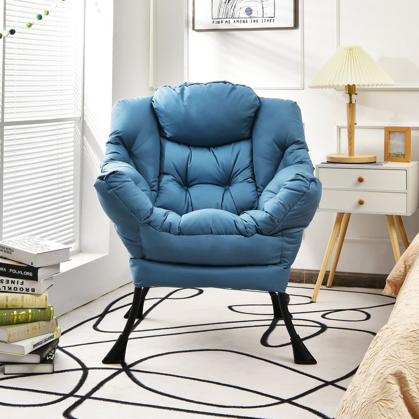 Modern Polyester Fabric Lazy Chair with Steel Frame and Side Pocket-Beige