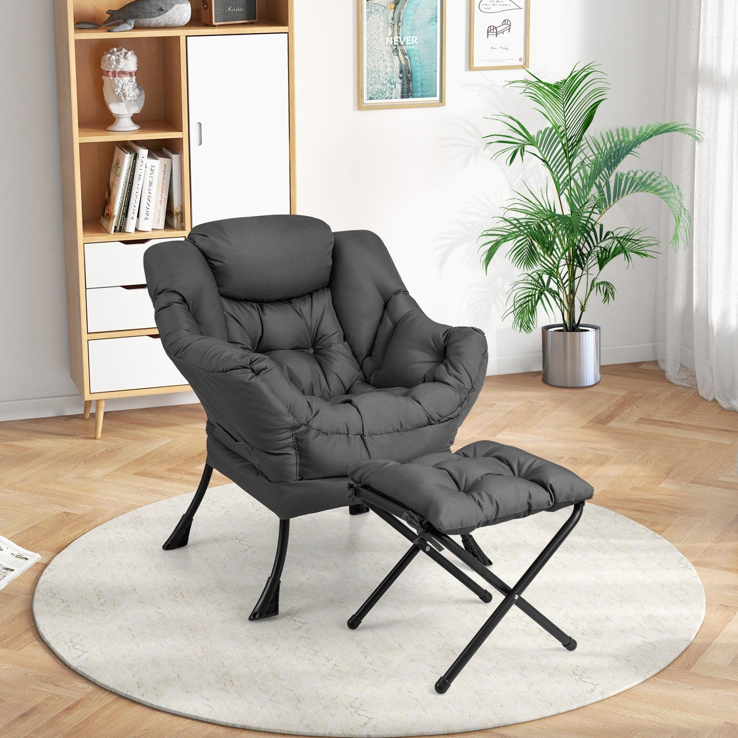 Modern Accent Sofa Chair with Folding Footrest and Side Pocket-Beige