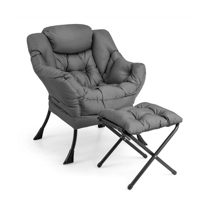 Modern Accent Sofa Chair with Folding Footrest and Side Pocket-Beige