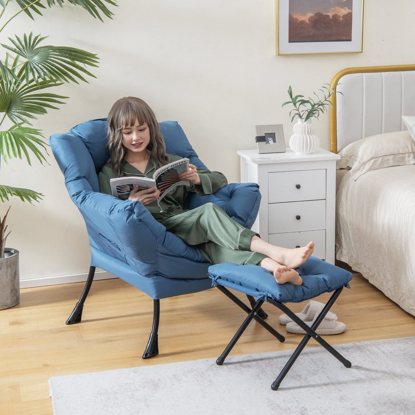 Modern Accent Sofa Chair with Folding Footrest and Side Pocket-Beige