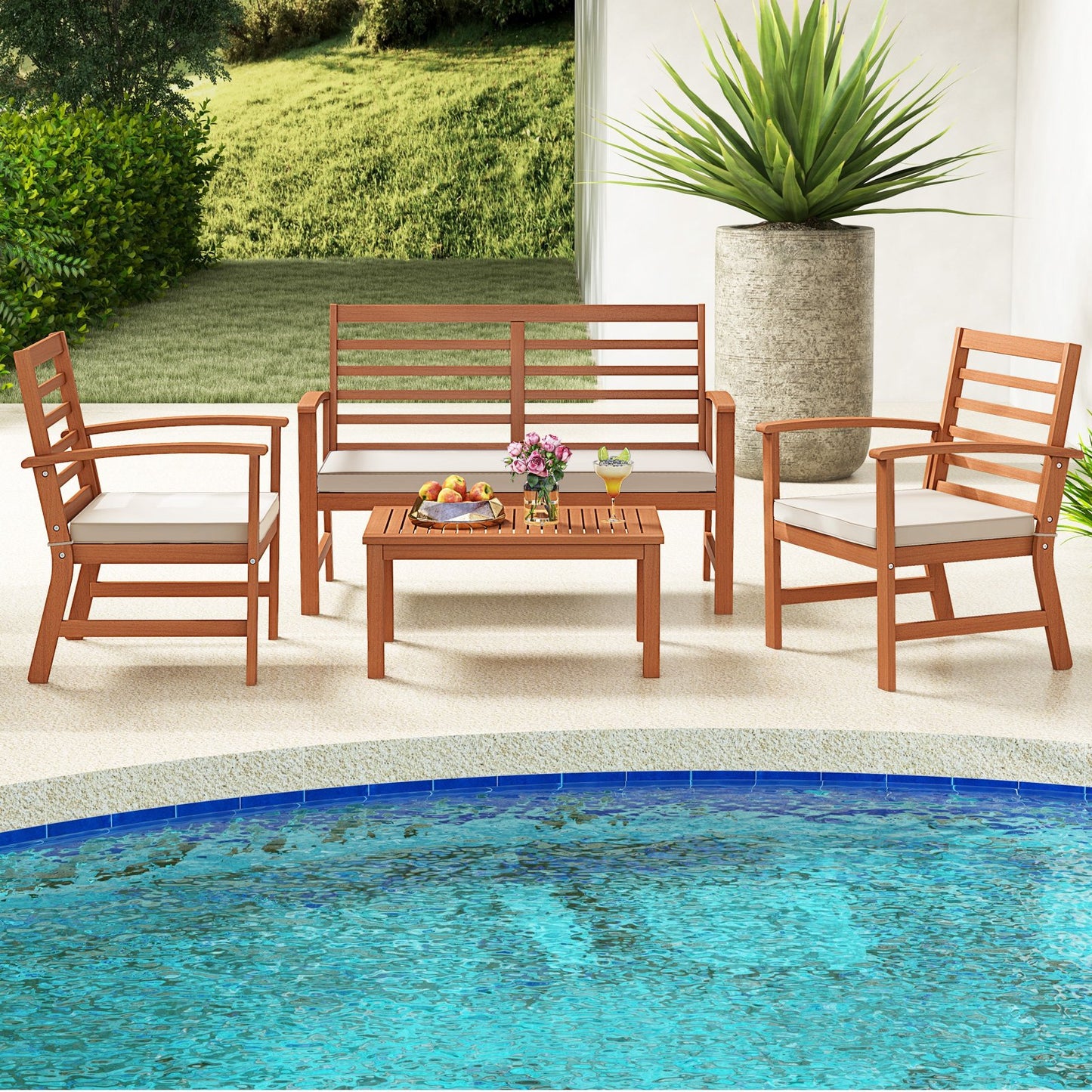 4 Pieces Outdoor Furniture Set with Stable Acacia Wood Frame-Beige