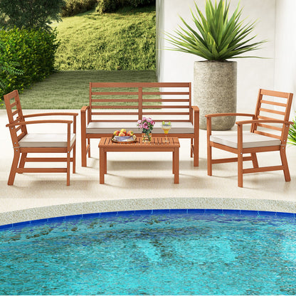 4 Pieces Outdoor Furniture Set with Stable Acacia Wood Frame-Beige