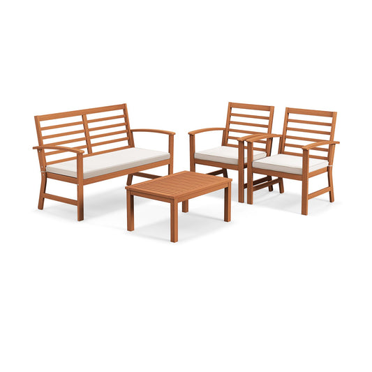 4 Pieces Outdoor Furniture Set with Stable Acacia Wood Frame-Beige