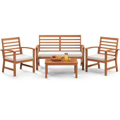 4 Pieces Outdoor Furniture Set with Stable Acacia Wood Frame-Beige
