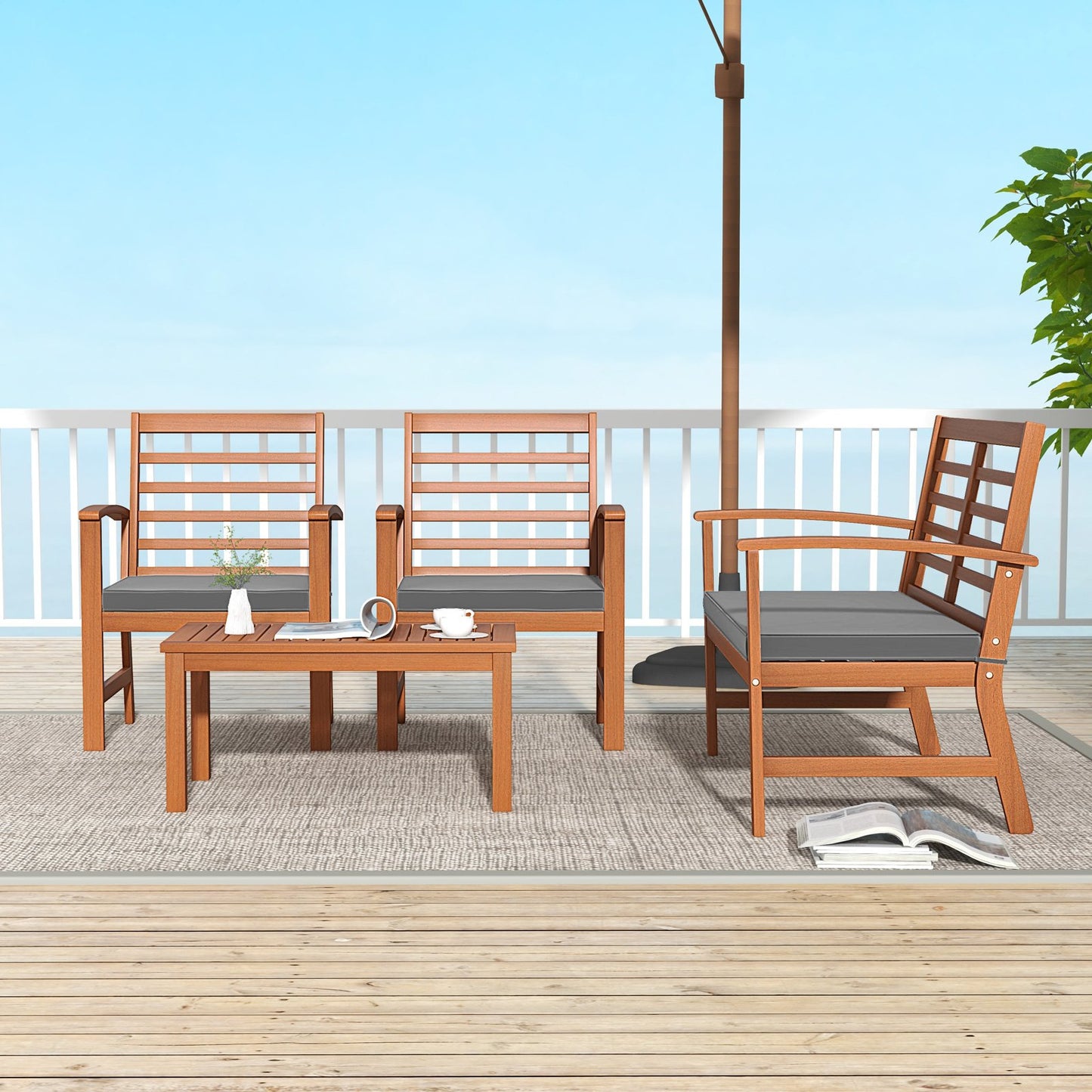 4 Pieces Outdoor Furniture Set with Stable Acacia Wood Frame-Beige