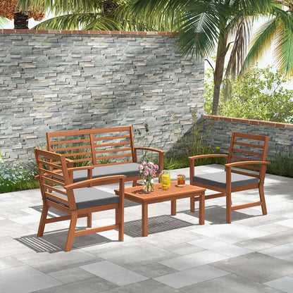 4 Pieces Outdoor Furniture Set with Stable Acacia Wood Frame-Gray