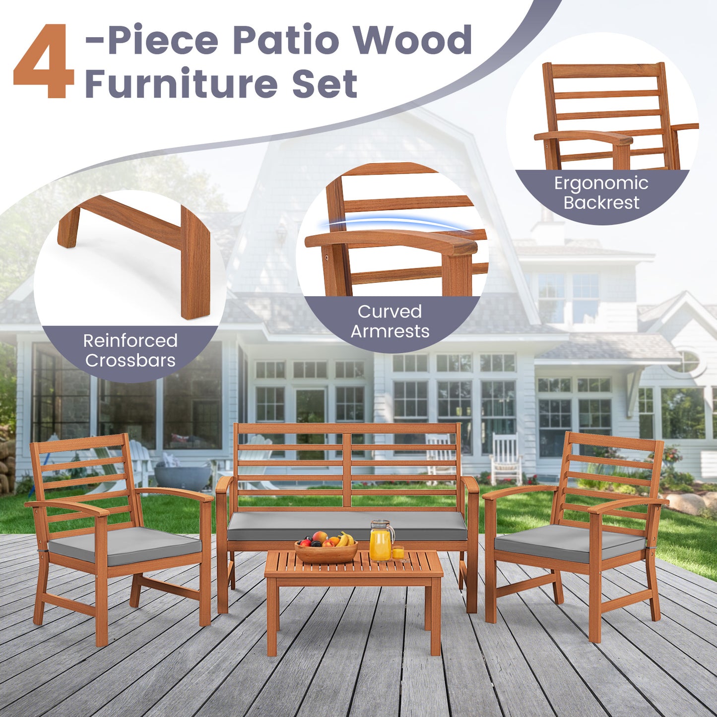 4 Pieces Outdoor Furniture Set with Stable Acacia Wood Frame-Gray