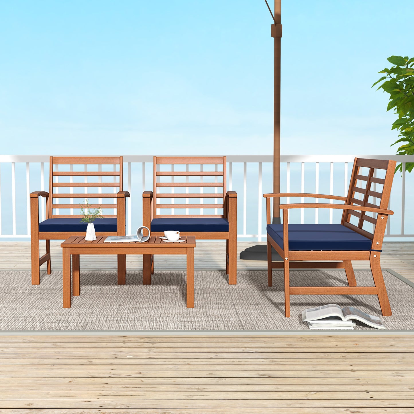 4 Pieces Outdoor Furniture Set with Stable Acacia Wood Frame-Navy