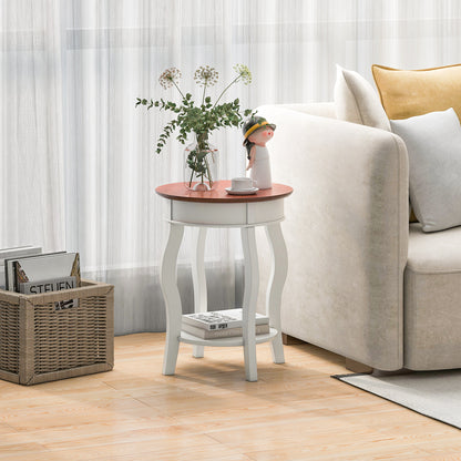 2-Tier Round End Table with Storage Shelf and Solid Rubber Wood Legs-Walnut & White