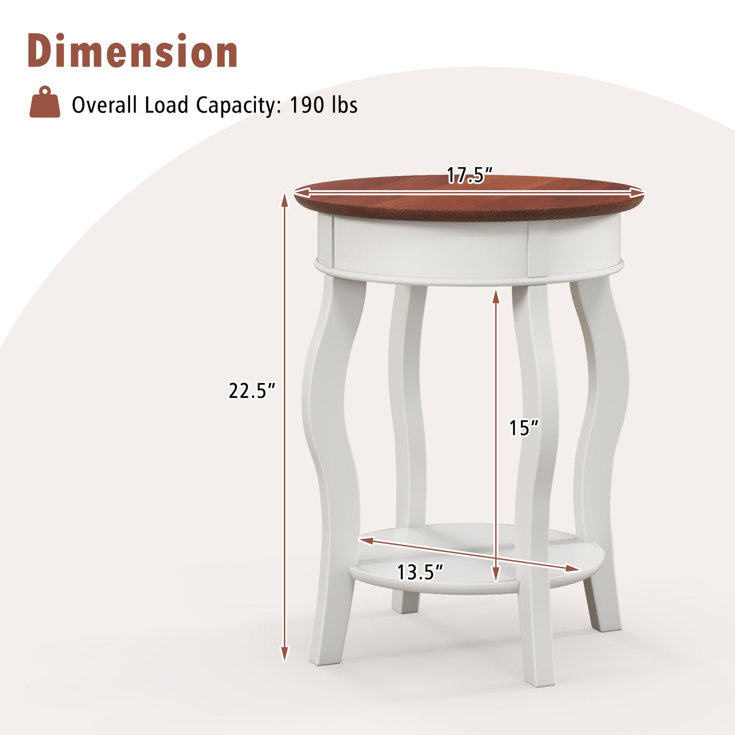2-Tier Round End Table with Storage Shelf and Solid Rubber Wood Legs-Walnut & White