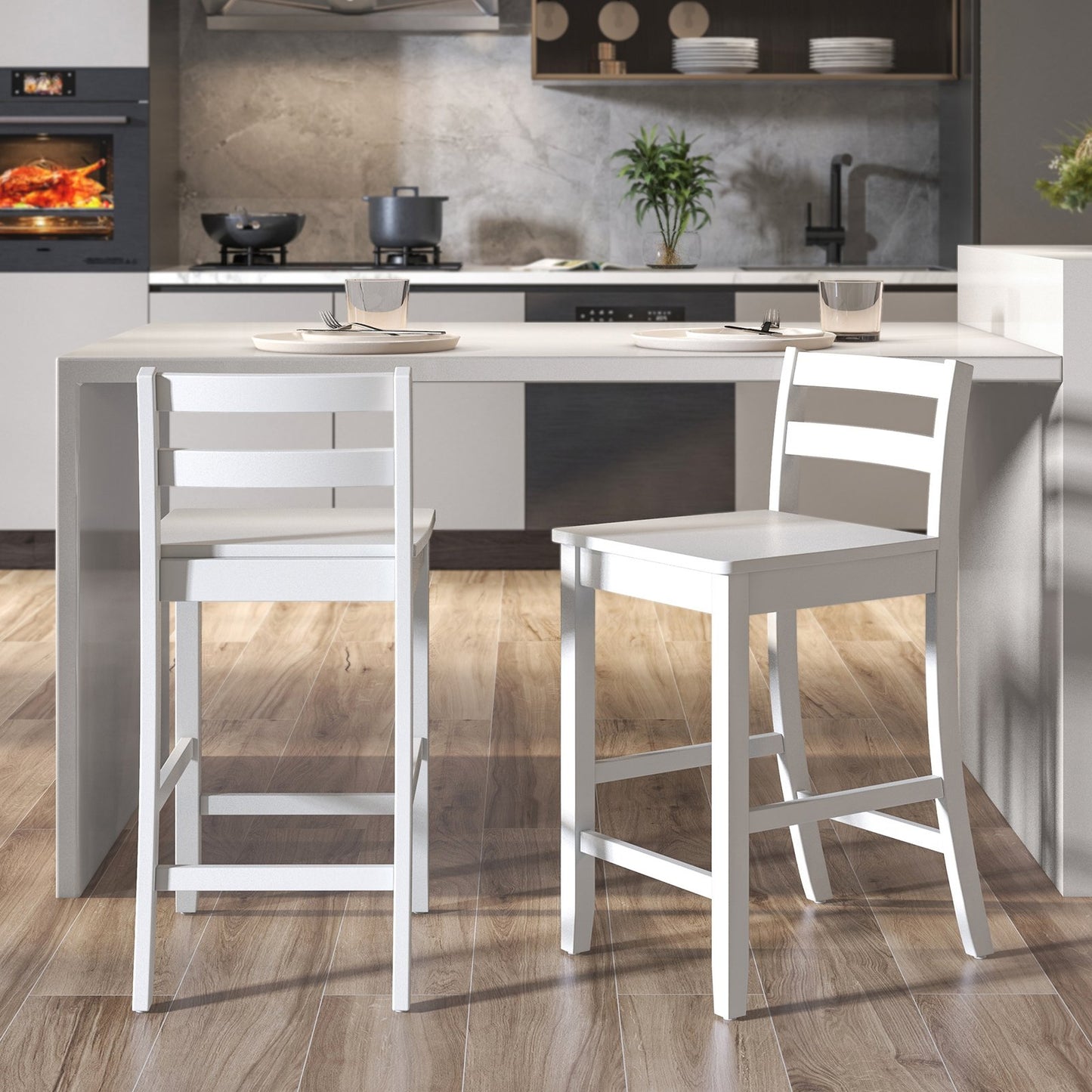 Wooden Bar Stools Set of 2 with Ergonomic Backrest and Footrest-Black