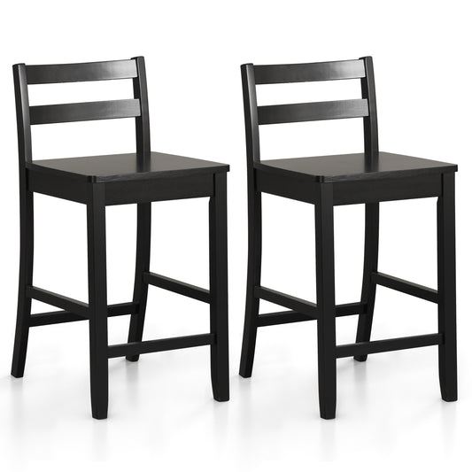 Wooden Bar Stools Set of 2 with Ergonomic Backrest and Footrest-Black