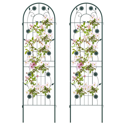 Pair of green 71x20 inch rustproof metal garden trellises for climbing plants, ideal outdoor plant support.