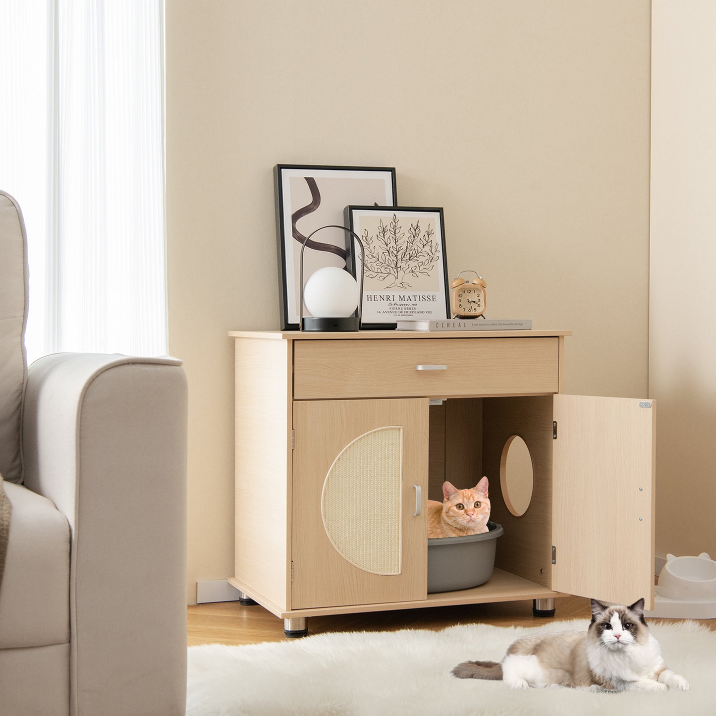Cat Litter Box Enclosure with Sisal Scratching Doors and Storage-Natural