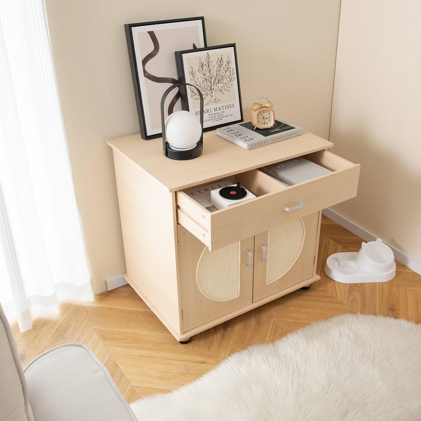 Cat Litter Box Enclosure with Sisal Scratching Doors and Storage-Natural