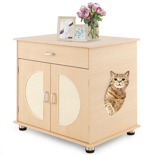 Cat Litter Box Enclosure with Sisal Scratching Doors and Storage-Natural
