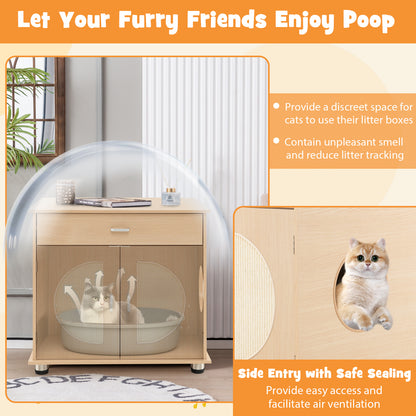 Cat Litter Box Enclosure with Sisal Scratching Doors and Storage-Natural